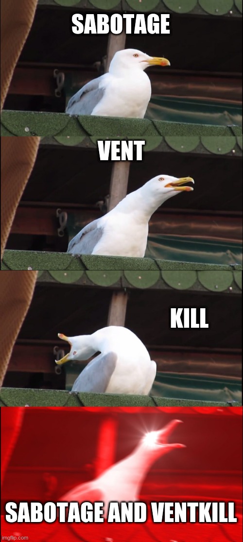 choices in among us | SABOTAGE; VENT; KILL; SABOTAGE AND VENTKILL | image tagged in memes,inhaling seagull | made w/ Imgflip meme maker
