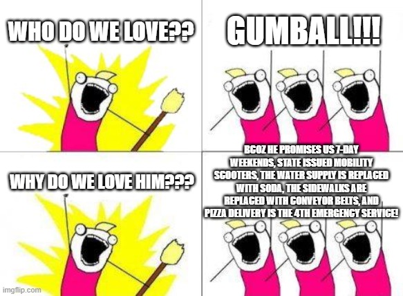 GAMBOL 4 PREZ | WHO DO WE LOVE?? GUMBALL!!! BCOZ HE PROMISES US 7-DAY WEEKENDS, STATE ISSUED MOBILITY SCOOTERS, THE WATER SUPPLY IS REPLACED WITH SODA, THE SIDEWALKS ARE REPLACED WITH CONVEYOR BELTS, AND PIZZA DELIVERY IS THE 4TH EMERGENCY SERVICE! WHY DO WE LOVE HIM??? | image tagged in memes,what do we want,the amazing world of gumball | made w/ Imgflip meme maker