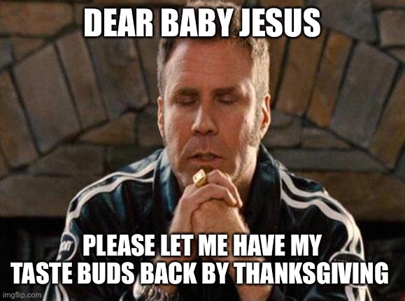 Ricky Bobby Praying | DEAR BABY JESUS; PLEASE LET ME HAVE MY TASTE BUDS BACK BY THANKSGIVING | image tagged in ricky bobby praying | made w/ Imgflip meme maker