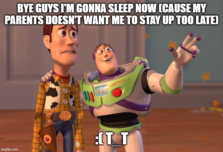 X, X Everywhere | BYE GUYS I'M GONNA SLEEP NOW (CAUSE MY PARENTS DOESN'T WANT ME TO STAY UP TOO LATE); :( T_T | image tagged in memes,x x everywhere | made w/ Imgflip meme maker