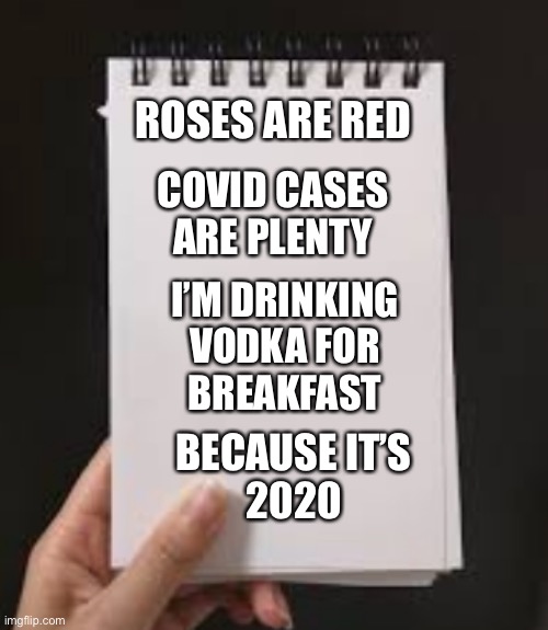 A little poem for everyone | ROSES ARE RED; COVID CASES
ARE PLENTY; I’M DRINKING
VODKA FOR
BREAKFAST; BECAUSE IT’S
2020 | image tagged in notebook haiku,roses are red,drinking,2020,rhymes,poem | made w/ Imgflip meme maker
