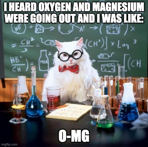 Chemistry Cat Meme | I HEARD OXYGEN AND MAGNESIUM WERE GOING OUT AND I WAS LIKE:; O-MG | image tagged in memes,chemistry cat | made w/ Imgflip meme maker