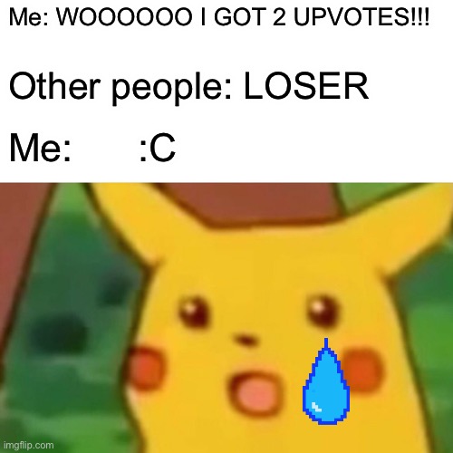 Surprised Pikachu | Me: WOOOOOO I GOT 2 UPVOTES!!! Other people: LOSER; Me:      :C | image tagged in memes,surprised pikachu | made w/ Imgflip meme maker