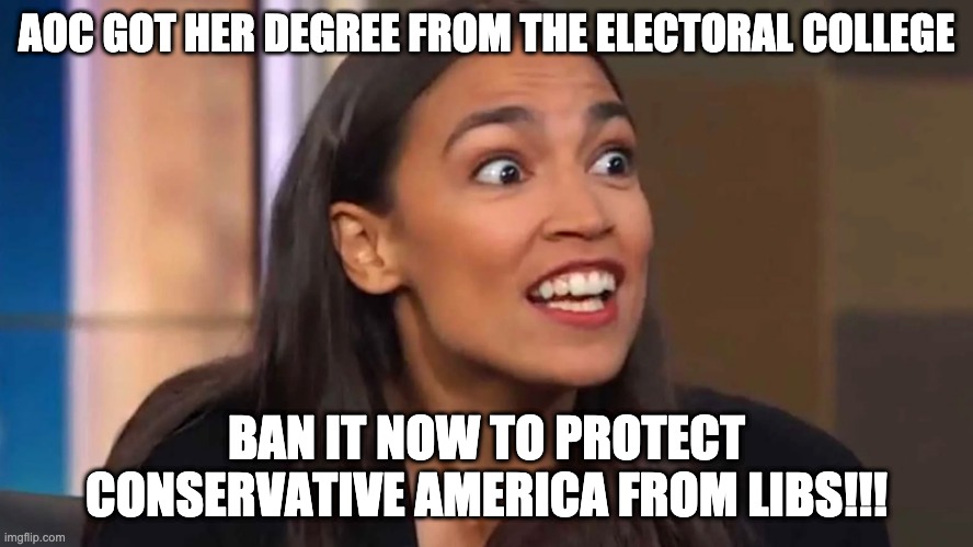 Crazy AOC | AOC GOT HER DEGREE FROM THE ELECTORAL COLLEGE; BAN IT NOW TO PROTECT CONSERVATIVE AMERICA FROM LIBS!!! | image tagged in crazy aoc | made w/ Imgflip meme maker