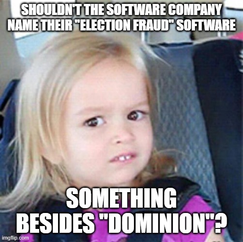 Confused Little Girl | SHOULDN'T THE SOFTWARE COMPANY NAME THEIR "ELECTION FRAUD" SOFTWARE; SOMETHING BESIDES "DOMINION"? | image tagged in confused little girl | made w/ Imgflip meme maker