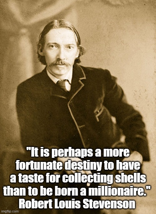 "A Surprising Insight By Robert Louis Stevenson" | "It is perhaps a more fortunate destiny to have a taste for collecting shells than to be born a millionaire." 
Robert Louis Stevenson | image tagged in robert louis stevenson,wealth,riches,millioniaire,is money a curse | made w/ Imgflip meme maker