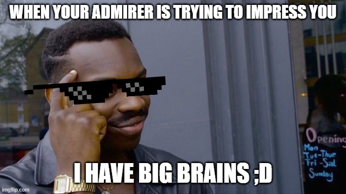 Roll Safe Think About It | WHEN YOUR ADMIRER IS TRYING TO IMPRESS YOU; I HAVE BIG BRAINS ;D | image tagged in memes,roll safe think about it | made w/ Imgflip meme maker