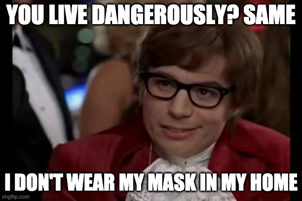 I live DANGEROUSLY | YOU LIVE DANGEROUSLY? SAME; I DON'T WEAR MY MASK IN MY HOME | image tagged in memes,i too like to live dangerously | made w/ Imgflip meme maker