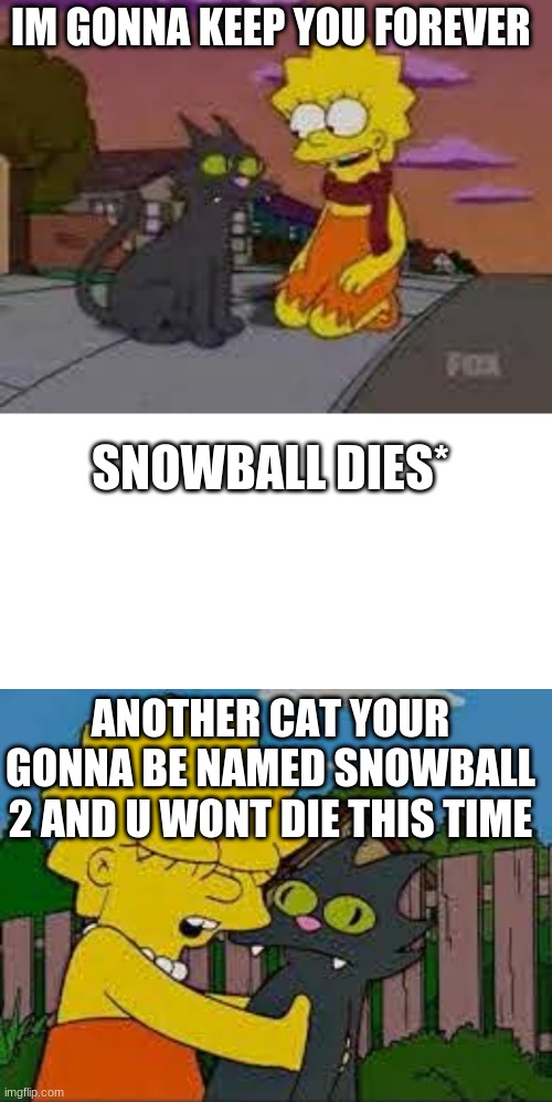lisa and snowball |  IM GONNA KEEP YOU FOREVER; SNOWBALL DIES*; ANOTHER CAT YOUR GONNA BE NAMED SNOWBALL 2 AND U WONT DIE THIS TIME | image tagged in the simpsons | made w/ Imgflip meme maker