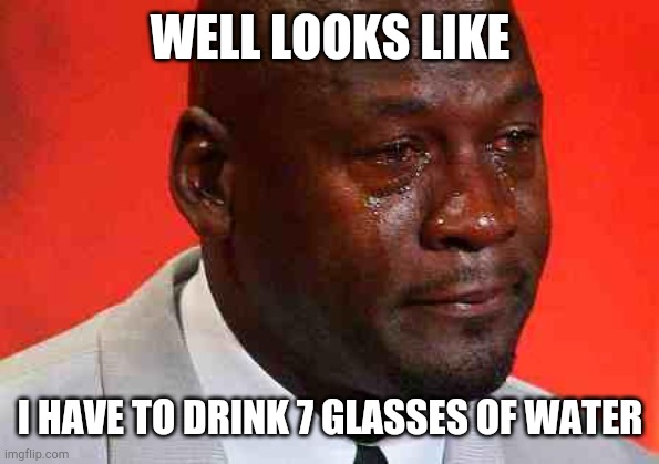 Why did i even do this | WELL LOOKS LIKE; I HAVE TO DRINK 7 GLASSES OF WATER | image tagged in crying michael jordan | made w/ Imgflip meme maker