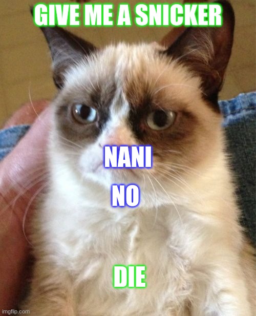 Grumpy Cat Meme | GIVE ME A SNICKER; NANI; NO; DIE | image tagged in memes,grumpy cat | made w/ Imgflip meme maker