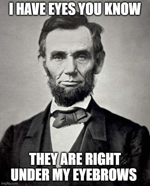 Abraham Lincoln | I HAVE EYES YOU KNOW; THEY ARE RIGHT UNDER MY EYEBROWS | image tagged in abraham lincoln,memes | made w/ Imgflip meme maker
