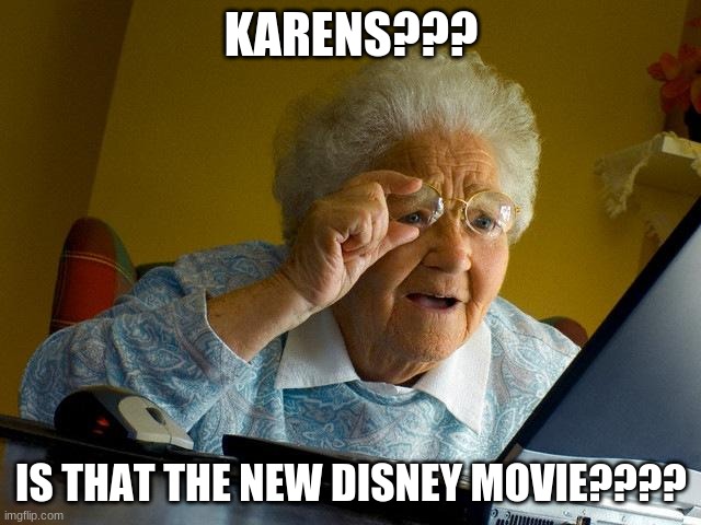 Grandma Finds The Internet Meme | KARENS??? IS THAT THE NEW DISNEY MOVIE???? | image tagged in memes,grandma finds the internet | made w/ Imgflip meme maker