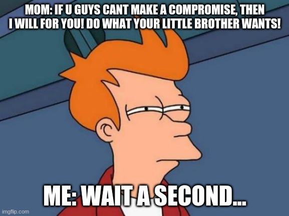 Wait a second... | MOM: IF U GUYS CANT MAKE A COMPROMISE, THEN I WILL FOR YOU! DO WHAT YOUR LITTLE BROTHER WANTS! ME: WAIT A SECOND... | image tagged in memes,futurama fry | made w/ Imgflip meme maker