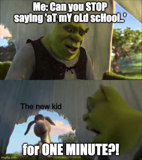 Stop saying aT mY oLd sChool already | Me: Can you STOP saying 'aT mY oLd scHool..'; The new kid; for ONE MINUTE?! | image tagged in shrek five minutes | made w/ Imgflip meme maker