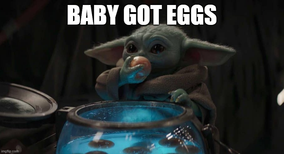 Baby Yoda Is Hungry | BABY GOT EGGS | image tagged in baby yoda,mandalorian,stupid karens | made w/ Imgflip meme maker
