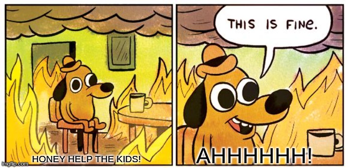 When you get fortnite mixed up with minecraft | AHHHHHH! HONEY HELP THE KIDS! | image tagged in memes,this is fine | made w/ Imgflip meme maker