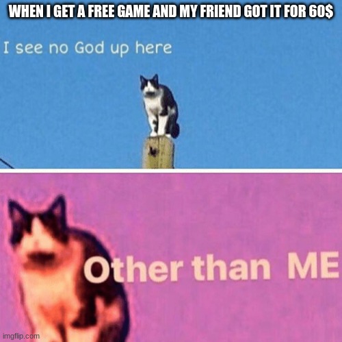 no god up here | WHEN I GET A FREE GAME AND MY FRIEND GOT IT FOR 60$ | image tagged in hail pole cat | made w/ Imgflip meme maker