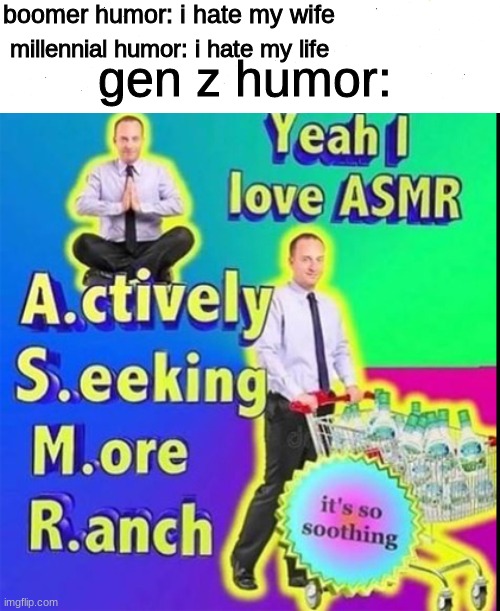 r a n c h |  boomer humor: i hate my wife; gen z humor:; millennial humor: i hate my life | image tagged in boomer,millennial,gen z,bro stop reading this | made w/ Imgflip meme maker
