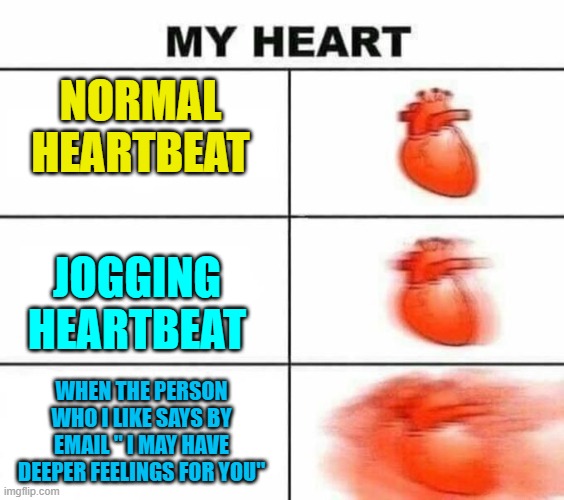 My heart blank | NORMAL HEARTBEAT; JOGGING HEARTBEAT; WHEN THE PERSON WHO I LIKE SAYS BY EMAIL " I MAY HAVE DEEPER FEELINGS FOR YOU" | image tagged in my heart blank | made w/ Imgflip meme maker