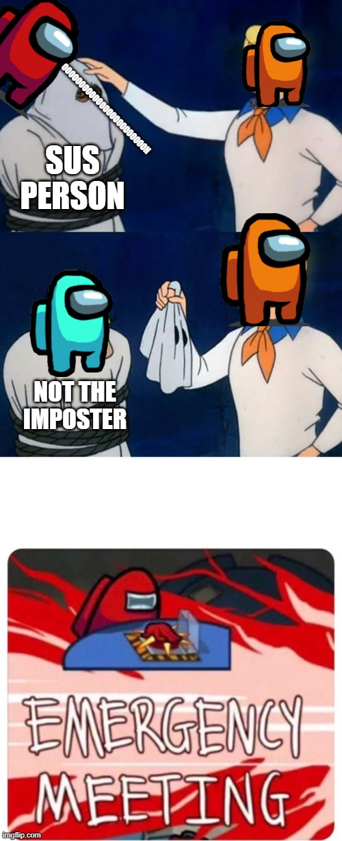 OOOOOOOOOOOOOOOOOOOOOOOOH; SUS PERSON; NOT THE IMPOSTER | image tagged in scooby doo mask reveal,emergency meeting among us | made w/ Imgflip meme maker