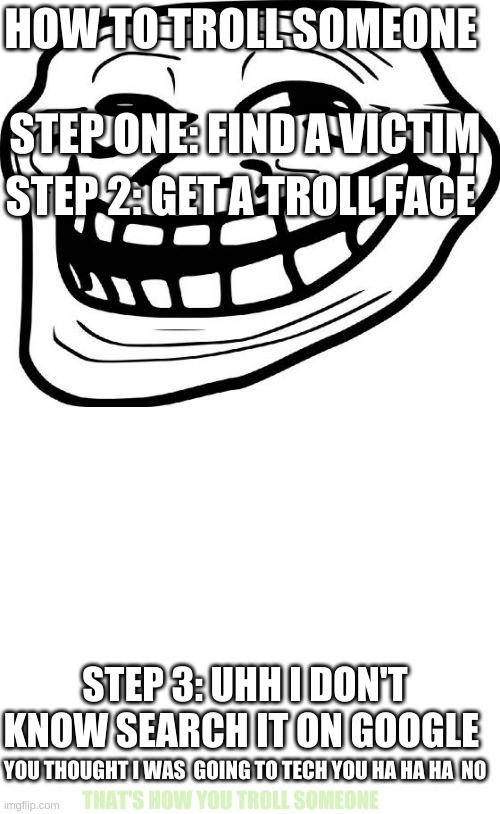Troll Face | HOW TO TROLL SOMEONE; STEP ONE: FIND A VICTIM; STEP 2: GET A TROLL FACE; STEP 3: UHH I DON'T KNOW SEARCH IT ON GOOGLE; YOU THOUGHT I WAS  GOING TO TECH YOU HA HA HA  NO; THAT'S HOW YOU TROLL SOMEONE | image tagged in memes,troll face | made w/ Imgflip meme maker