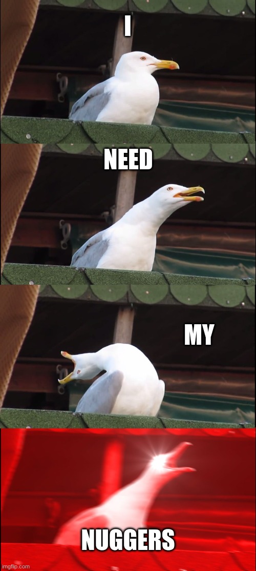 i dont have my nuggerz | I; NEED; MY; NUGGERS | image tagged in memes,inhaling seagull | made w/ Imgflip meme maker