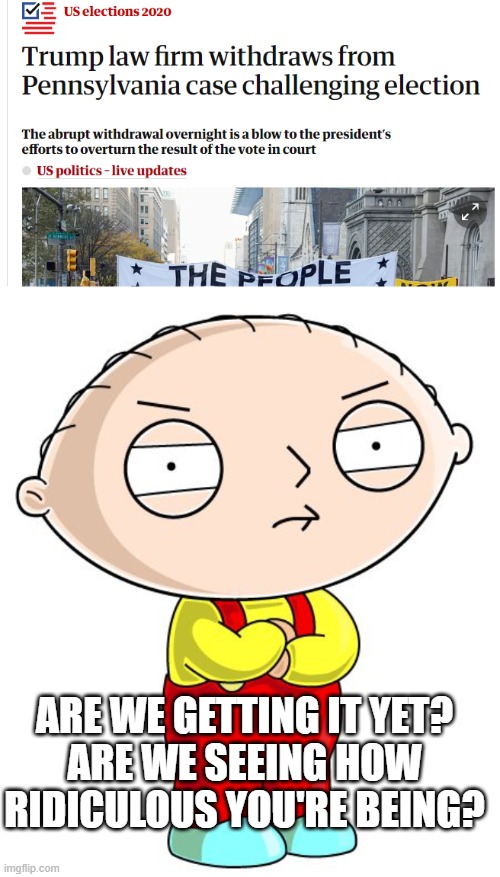 ARE WE GETTING IT YET?
ARE WE SEEING HOW RIDICULOUS YOU'RE BEING? | image tagged in stewie griffin | made w/ Imgflip meme maker