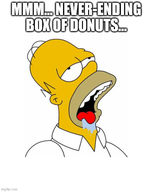 Homer Simpson Drooling | MMM... NEVER-ENDING BOX OF DONUTS... | image tagged in homer simpson drooling | made w/ Imgflip meme maker