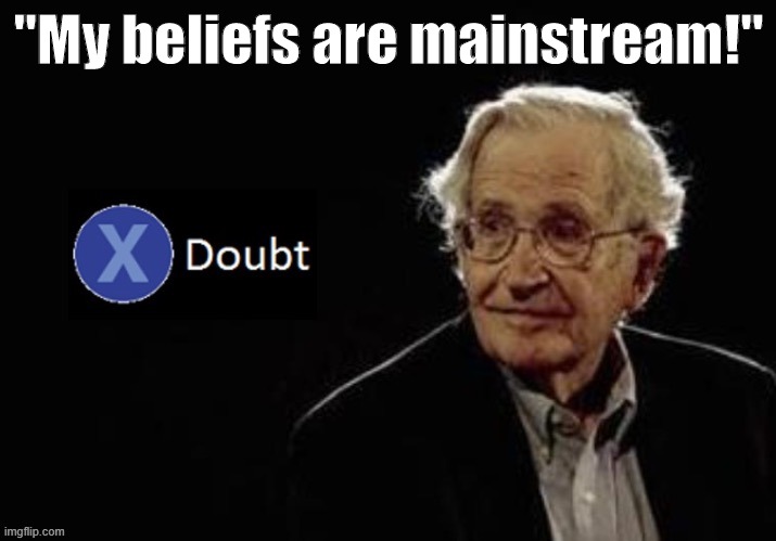 What is the mainstream? Well: I don't think it starts with claiming the Catholic Church has been heretical since the '60s. | "My beliefs are mainstream!" | image tagged in x doubt chomsky | made w/ Imgflip meme maker