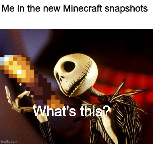 Minecraft is <3 | Me in the new Minecraft snapshots; What's this? | image tagged in whats this | made w/ Imgflip meme maker