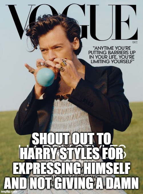Say hello to my gay rock god, Harry Styles! | SHOUT OUT TO HARRY STYLES FOR EXPRESSING HIMSELF AND NOT GIVING A DAMN | image tagged in lgbtq,love is love | made w/ Imgflip meme maker