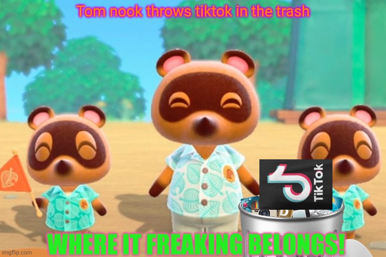 Tom Nook knows! | Tom nook throws tiktok in the trash; WHERE IT FREAKING BELONGS! | image tagged in tom nook,tik tok,trash,war against tiktok,animal crossing | made w/ Imgflip meme maker