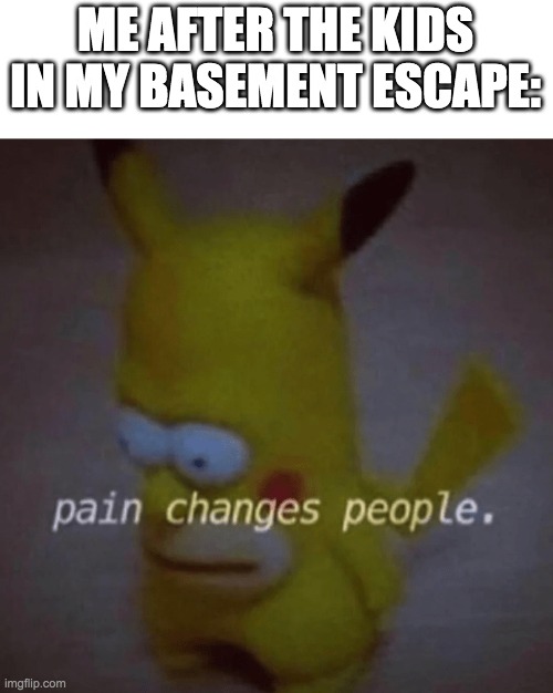 So sad | ME AFTER THE KIDS IN MY BASEMENT ESCAPE: | image tagged in pain changes people | made w/ Imgflip meme maker
