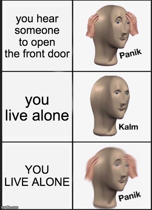 Panik Kalm Panik Meme | you hear someone to open the front door; you live alone; YOU LIVE ALONE | image tagged in memes,panik kalm panik | made w/ Imgflip meme maker