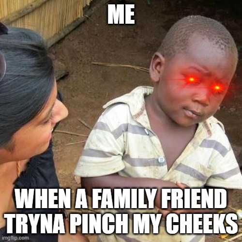family friends vs me | ME; WHEN A FAMILY FRIEND TRYNA PINCH MY CHEEKS | image tagged in family,annoying people | made w/ Imgflip meme maker
