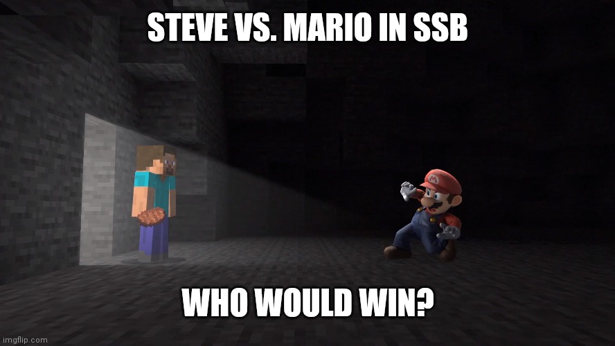 I made this in my alt and comment who you think would win. | STEVE VS. MARIO IN SSB; WHO WOULD WIN? | image tagged in steve in smash | made w/ Imgflip meme maker
