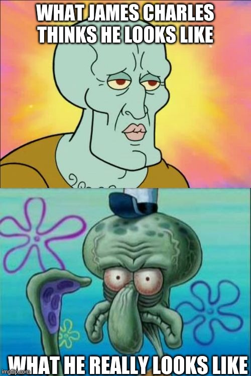 C'mon brubber, who agrees? | WHAT JAMES CHARLES THINKS HE LOOKS LIKE; WHAT HE REALLY LOOKS LIKE | image tagged in memes,squidward | made w/ Imgflip meme maker