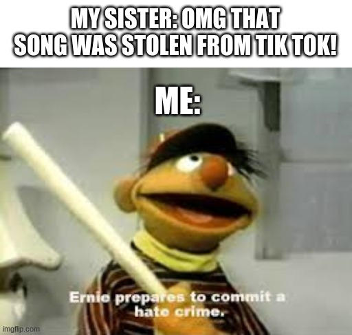 ernie, do it! | MY SISTER: OMG THAT SONG WAS STOLEN FROM TIK TOK! ME: | image tagged in ernie prepares to commit a hate crime | made w/ Imgflip meme maker