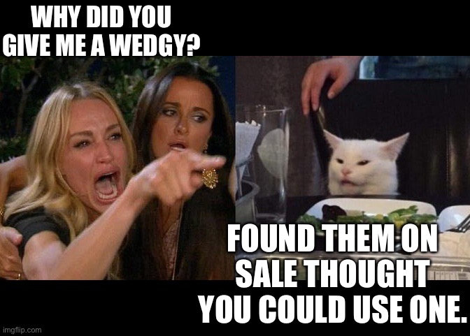 Woman Yelling at Smudge the Cat | WHY DID YOU GIVE ME A WEDGY? FOUND THEM ON SALE THOUGHT YOU COULD USE ONE. | image tagged in woman yelling at smudge the cat | made w/ Imgflip meme maker