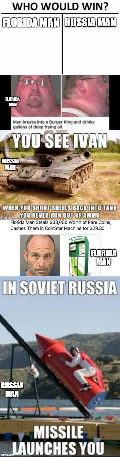 russia or florida | FLORIDA MAN; RUSSIA MAN; FLORIDA MAN; RUSSIA MAN; FLORIDA MAN; RUSSIA MAN | image tagged in memes,who would win | made w/ Imgflip meme maker