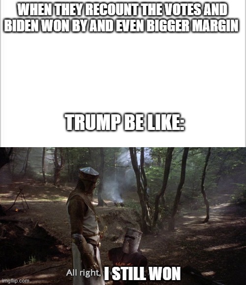 the Donald of the Trump is just a LUNATIC! | WHEN THEY RECOUNT THE VOTES AND BIDEN WON BY AND EVEN BIGGER MARGIN; TRUMP BE LIKE:; I STILL WON | image tagged in white background,all right call it a draw,memes,big oof | made w/ Imgflip meme maker