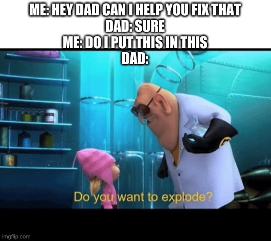 Do you want to explode | ME: HEY DAD CAN I HELP YOU FIX THAT
DAD: SURE
ME: DO I PUT THIS IN THIS
DAD: | image tagged in do you want to explode | made w/ Imgflip meme maker