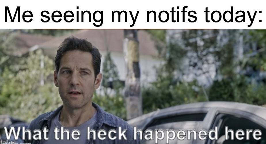 LITERALLY WHAT HAPPENED... | Me seeing my notifs today: | image tagged in antman what the heck happened here,memes,funny,imgflip,wtf,notifications | made w/ Imgflip meme maker