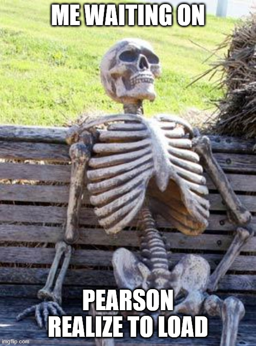 pearson load | ME WAITING ON; PEARSON REALIZE TO LOAD | image tagged in memes,waiting skeleton | made w/ Imgflip meme maker