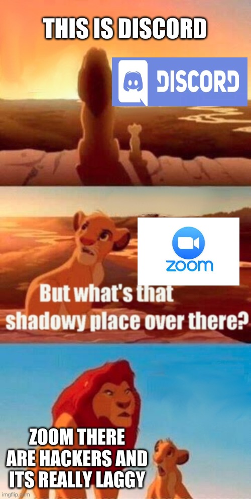 Simba Shadowy Place | THIS IS DISCORD; ZOOM THERE ARE HACKERS AND ITS REALLY LAGGY | image tagged in memes,simba shadowy place | made w/ Imgflip meme maker