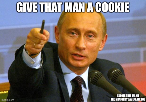 Yes. | GIVE THAT MAN A COOKIE; I STOLE THIS MEME FROM MIGHTYBASEPLATE LOL | image tagged in memes,good guy putin | made w/ Imgflip meme maker