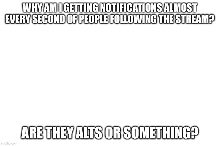 ???? | WHY AM I GETTING NOTIFICATIONS ALMOST EVERY SECOND OF PEOPLE FOLLOWING THE STREAM? ARE THEY ALTS OR SOMETHING? | image tagged in whyyyy | made w/ Imgflip meme maker