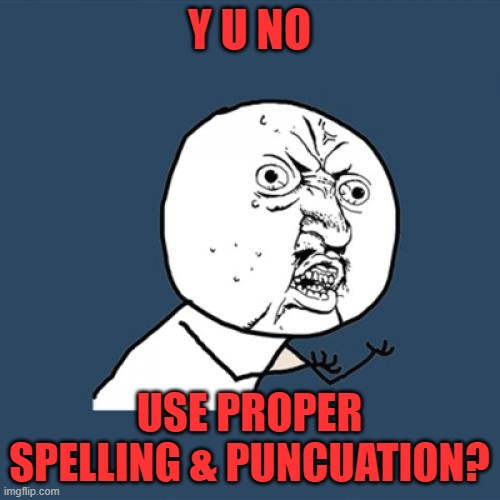 Y U No Meme | Y U NO USE PROPER SPELLING & PUNCUATION? | image tagged in memes,y u no | made w/ Imgflip meme maker