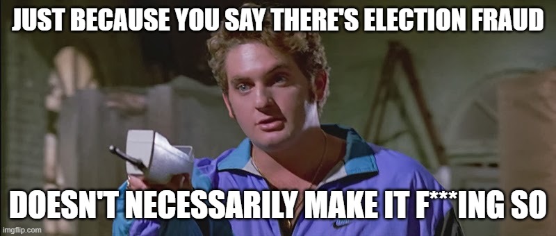 JUST BECAUSE YOU SAY THERE'S ELECTION FRAUD; DOESN'T NECESSARILY MAKE IT F***ING SO | image tagged in reservoir dogs | made w/ Imgflip meme maker